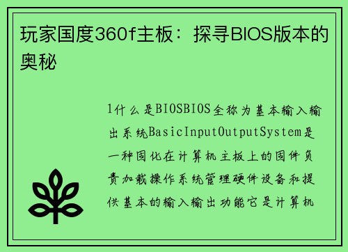 玩家国度360f主板：探寻BIOS版本的奥秘